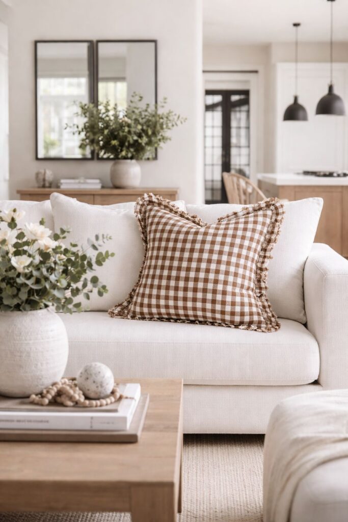 gingham pillows in a modern living room Daily Home Review